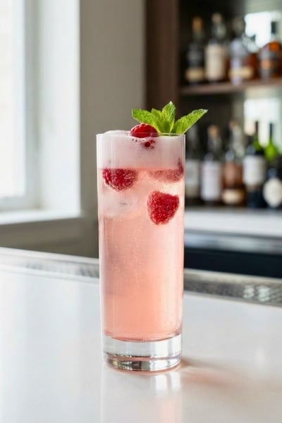raspberry gin fizz cocktail met frambozen en bruis