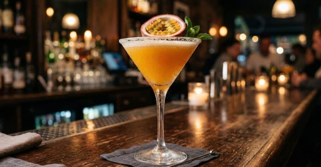 Alcoholvrije Passion Fruit Martini mocktail met passievrucht