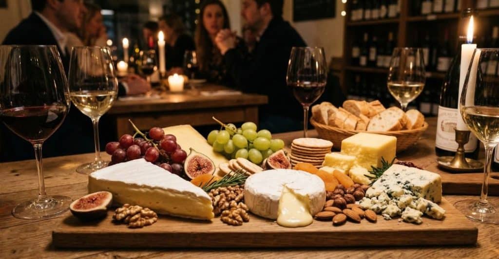 grote kaasplank met wijn voor een borrelavond