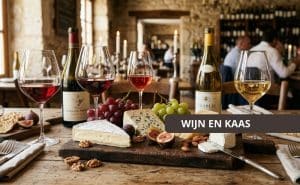 wijn en kaas combinaties op houten tafel met verschillende kazen en wijnglazen