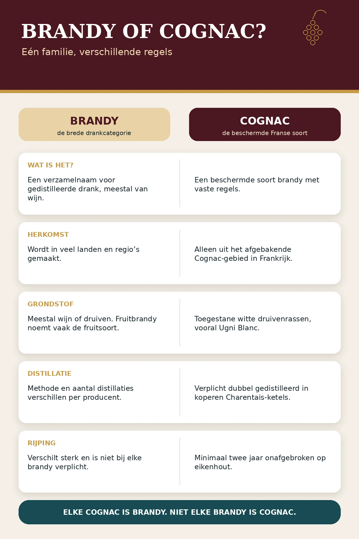 Infographic met verschillen tussen brandy en cognac in herkomst, grondstof, distillatie en rijping