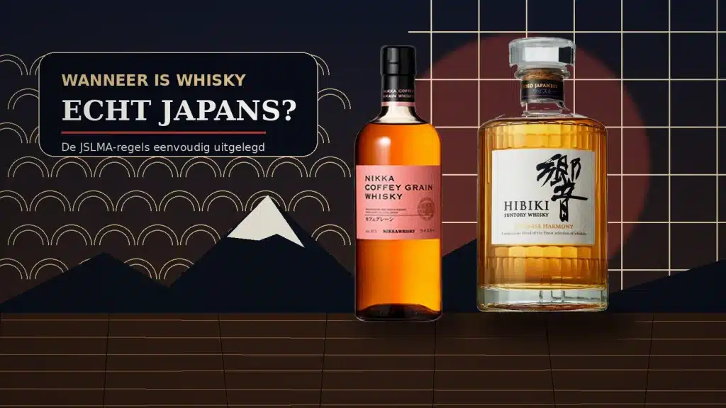 Nikka Coffey Grain en Hibiki Japanese Harmony bij een Japanse bergillustratie